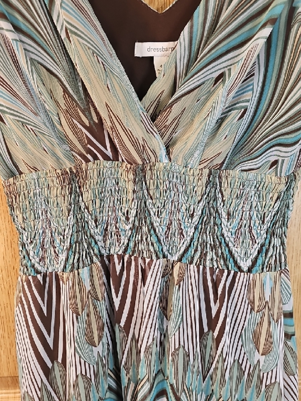dressbarn Teal, Brown and Cream V-Neck Smocked Waist Midi Dress - Picture 6 of 10